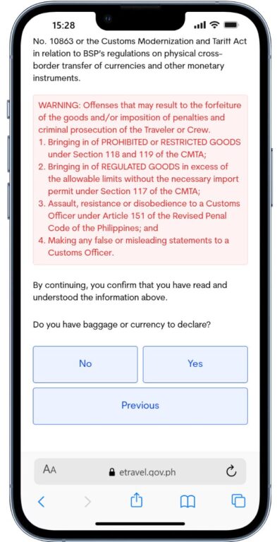 e-travel 宣言情報の入力